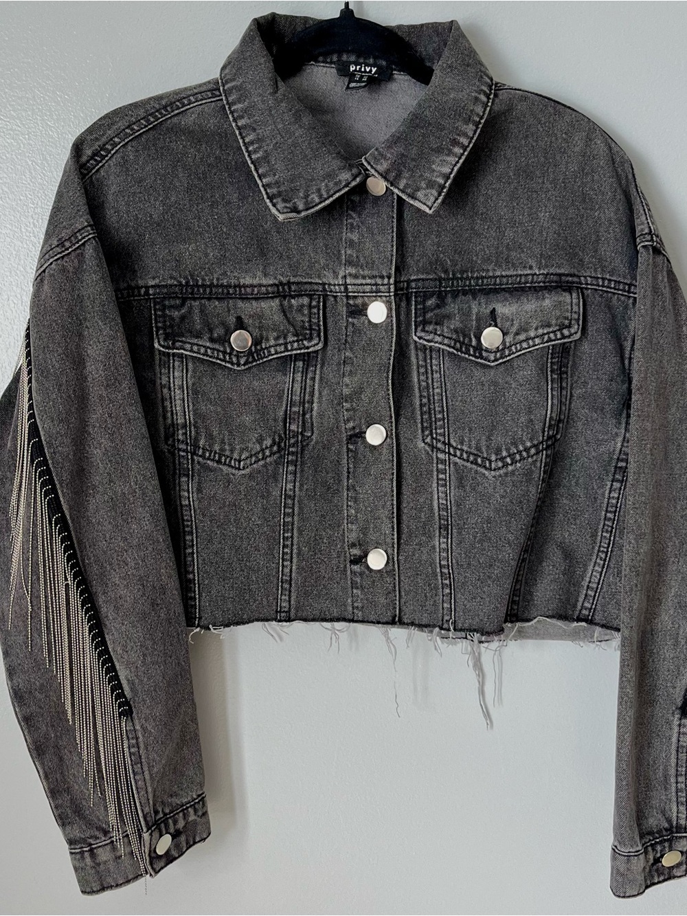 Privy Gray Cropped Denim Jacket w/ Rhinestone Fringe XS Western Glam